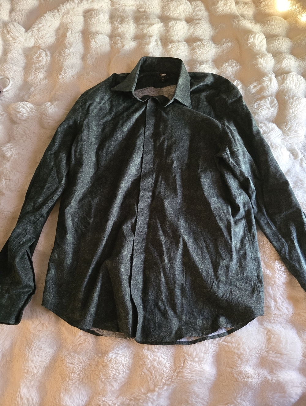 Express Forest Green Paisley Men's Long Sleeve Button Up Slim Shirt